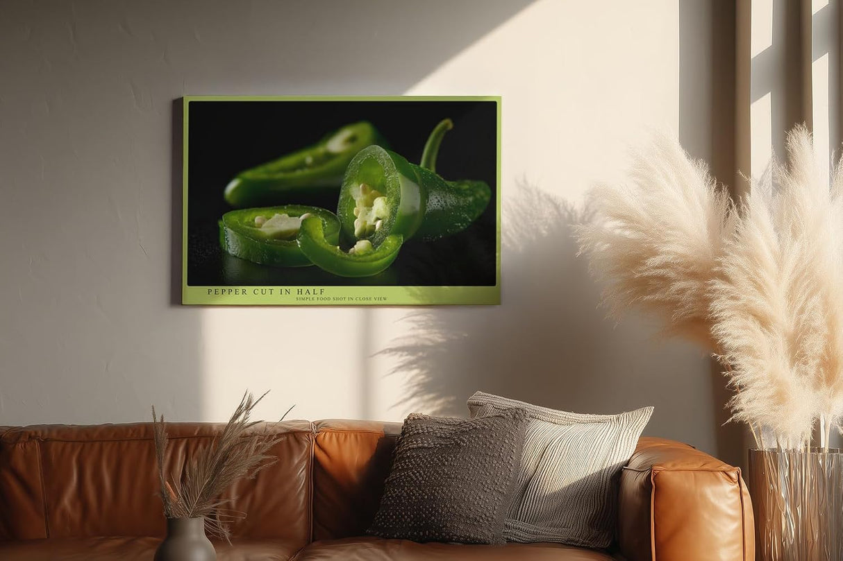 Paul Sinus Wandbild 120x80cm gruene Chili Paprika Food Fotografie moderne Kuechenkunst Nahaufnahme Kunstdruck stilvolle Wanddekoration fuer Kueche Esszimmer Restaurant