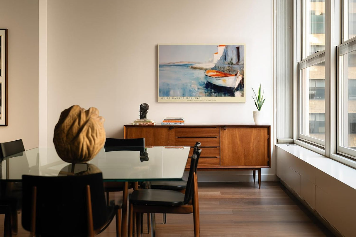 Paul Sinus Wandbild 120x80cm Hafen Landschaft modern Boot Meer Malerei Kunstdruck grosses Kunstbild maritime Wanddekoration fuer Wohnzimmer Büro Flur