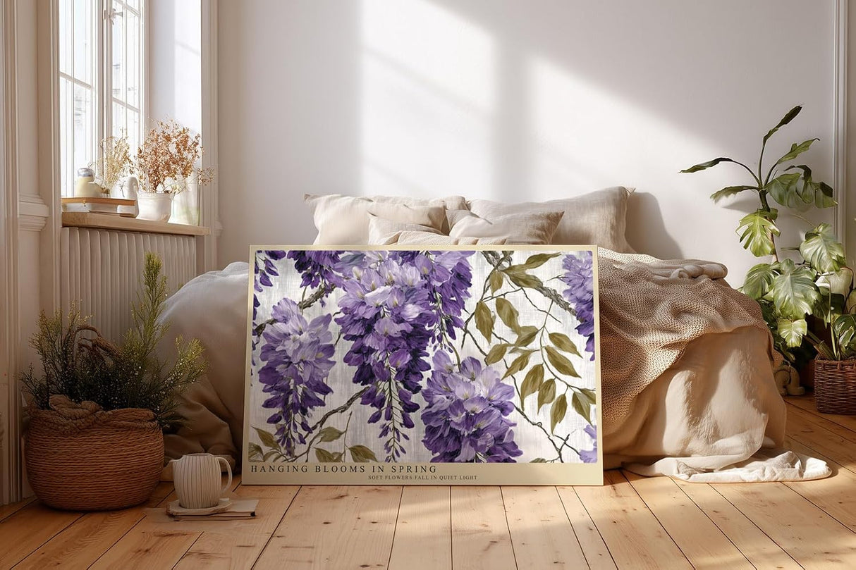Paul Sinus Wandbild 120x80cm Hängende Frühlingsblüten – Elegantes Blumenmotiv in Violett mit botanischer Illustration für stilvolle Wohnräume