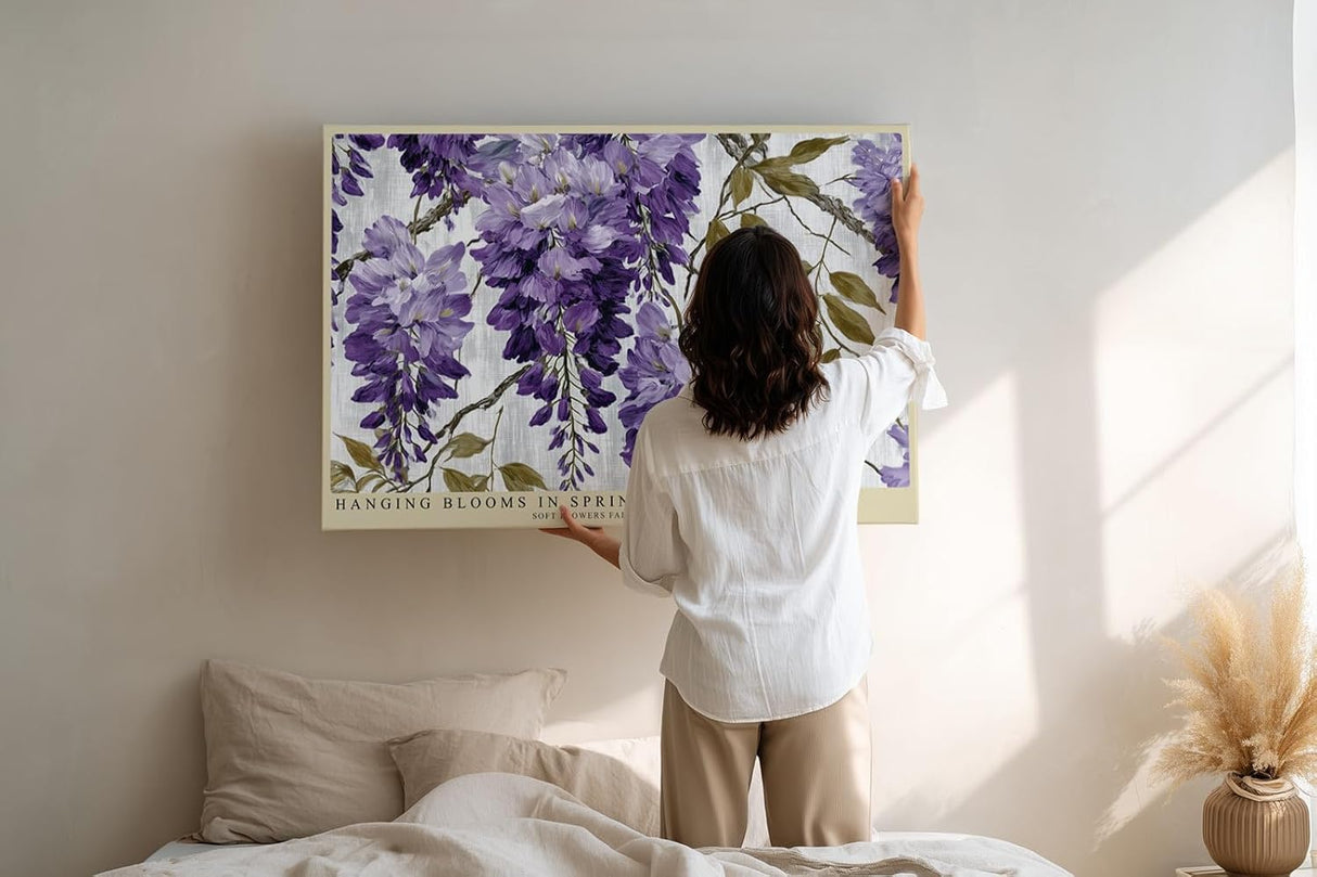 Paul Sinus Wandbild 120x80cm Hängende Frühlingsblüten – Elegantes Blumenmotiv in Violett mit botanischer Illustration für stilvolle Wohnräume