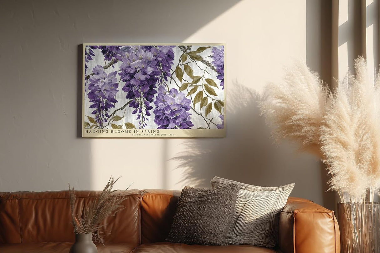 Paul Sinus Wandbild 120x80cm Hängende Frühlingsblüten – Elegantes Blumenmotiv in Violett mit botanischer Illustration für stilvolle Wohnräume