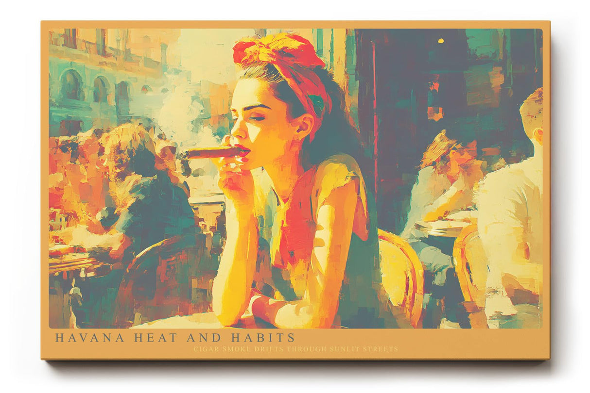 Paul Sinus Wandbild 120x80cm Havana Heat and Habits Frau mit Zigarre in Havanna Cafe Szene Kubanische Stadt Kunst fuer Wohnzimmer und Bar