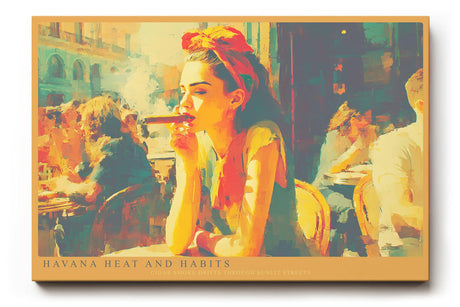 Paul Sinus Wandbild 120x80cm Havana Heat and Habits Frau mit Zigarre in Havanna Cafe Szene Kubanische Stadt Kunst fuer Wohnzimmer und Bar