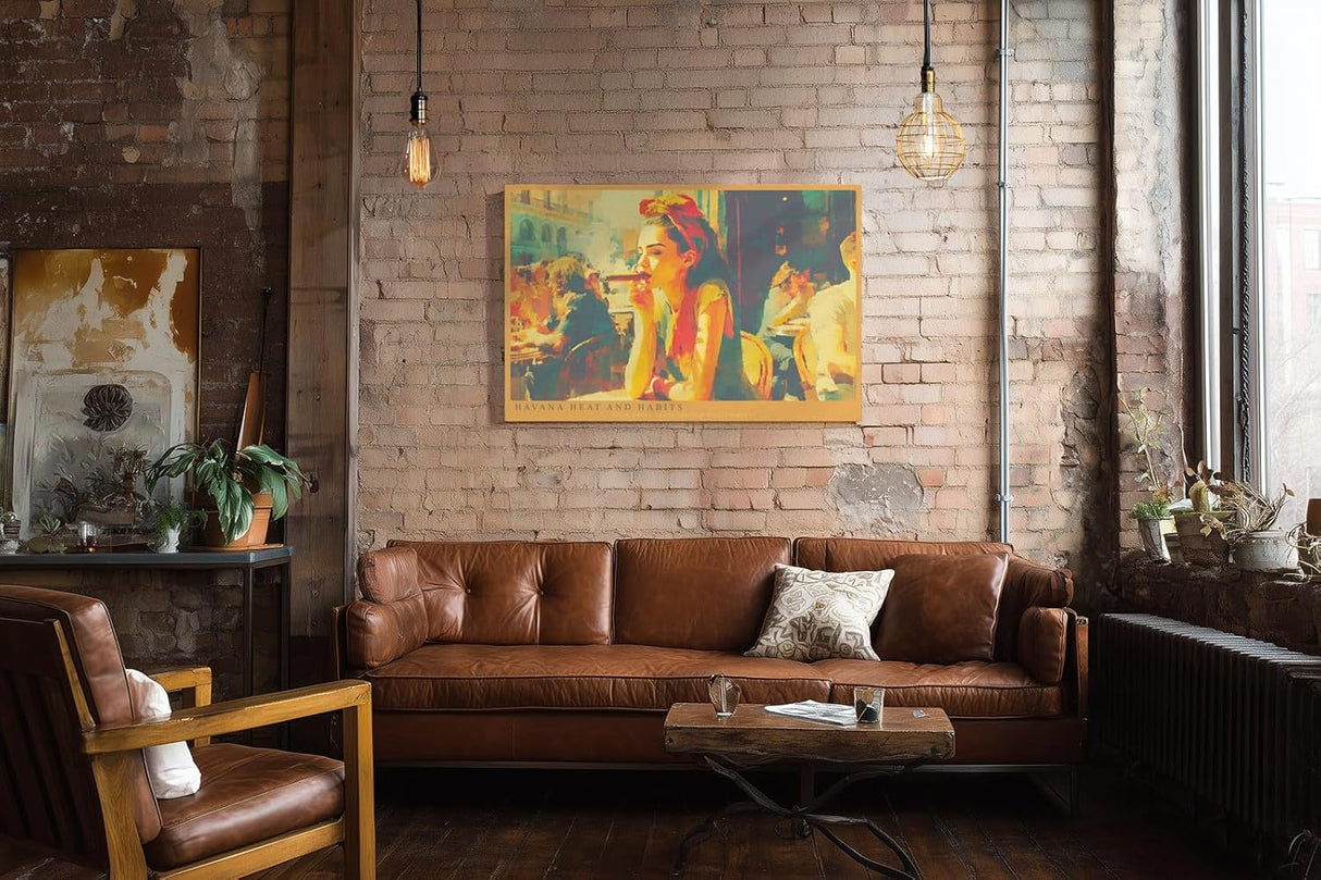 Paul Sinus Wandbild 120x80cm Havana Heat and Habits Frau mit Zigarre in Havanna Cafe Szene Kubanische Stadt Kunst fuer Wohnzimmer und Bar