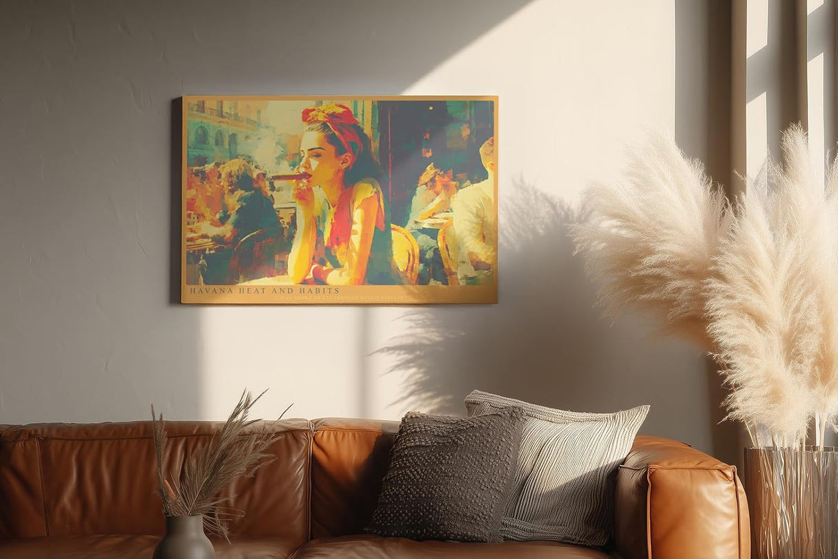 Paul Sinus Wandbild 120x80cm Havana Heat and Habits Frau mit Zigarre in Havanna Cafe Szene Kubanische Stadt Kunst fuer Wohnzimmer und Bar
