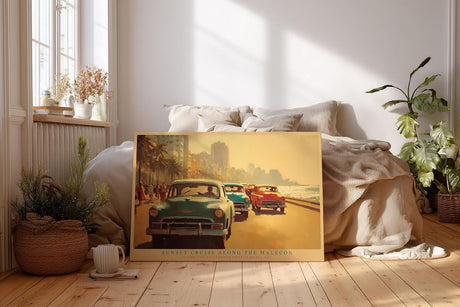 Paul Sinus Wandbild 120x80cm Havanna Malecon Sonnenuntergang Vintage Autos Karibik Stadt Kunst Wanddekoration Wohnzimmer Büro