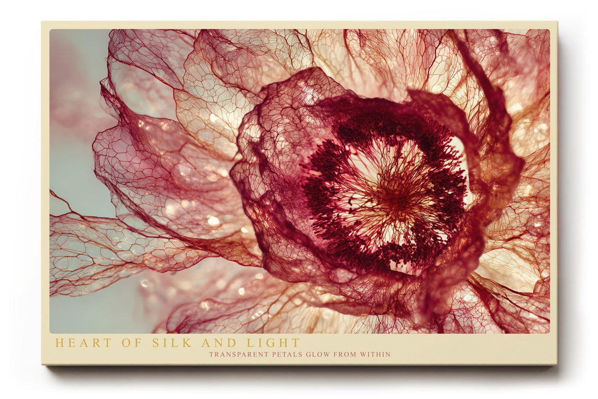 Paul Sinus Wandbild 120x80cm Heart of Silk and Light abstrakte Blüte Makro Natur Fotokunst in Rot und Gold Poster für Wohnzimmer Schlafzimmer