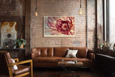Paul Sinus Wandbild 120x80cm Heart of Silk and Light abstrakte Blüte Makro Natur Fotokunst in Rot und Gold Poster für Wohnzimmer Schlafzimmer