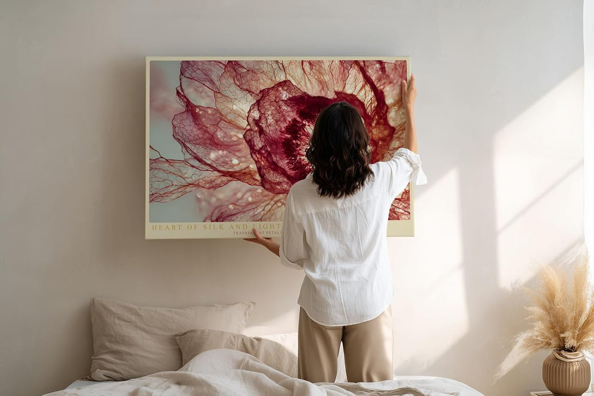 Paul Sinus Wandbild 120x80cm Heart of Silk and Light abstrakte Blüte Makro Natur Fotokunst in Rot und Gold Poster für Wohnzimmer Schlafzimmer