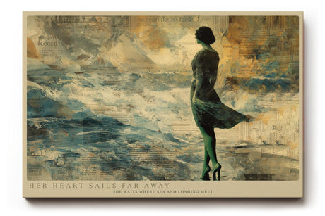 Paul Sinus Wandbild 120x80cm Her Heart Sails Far Away romantische Frau am Meer Vintage Collage Kunst Poster für Wohnzimmer Schlafzimmer