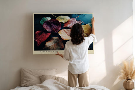 Paul Sinus Wandbild 120x80cm Herbst Blaetter auf Wasser fotografische Naturkunst warme Rot Gelb Gruen Toene ruhige Stimmung stilvolle Wanddekoration fuer Wohnzimmer Büro