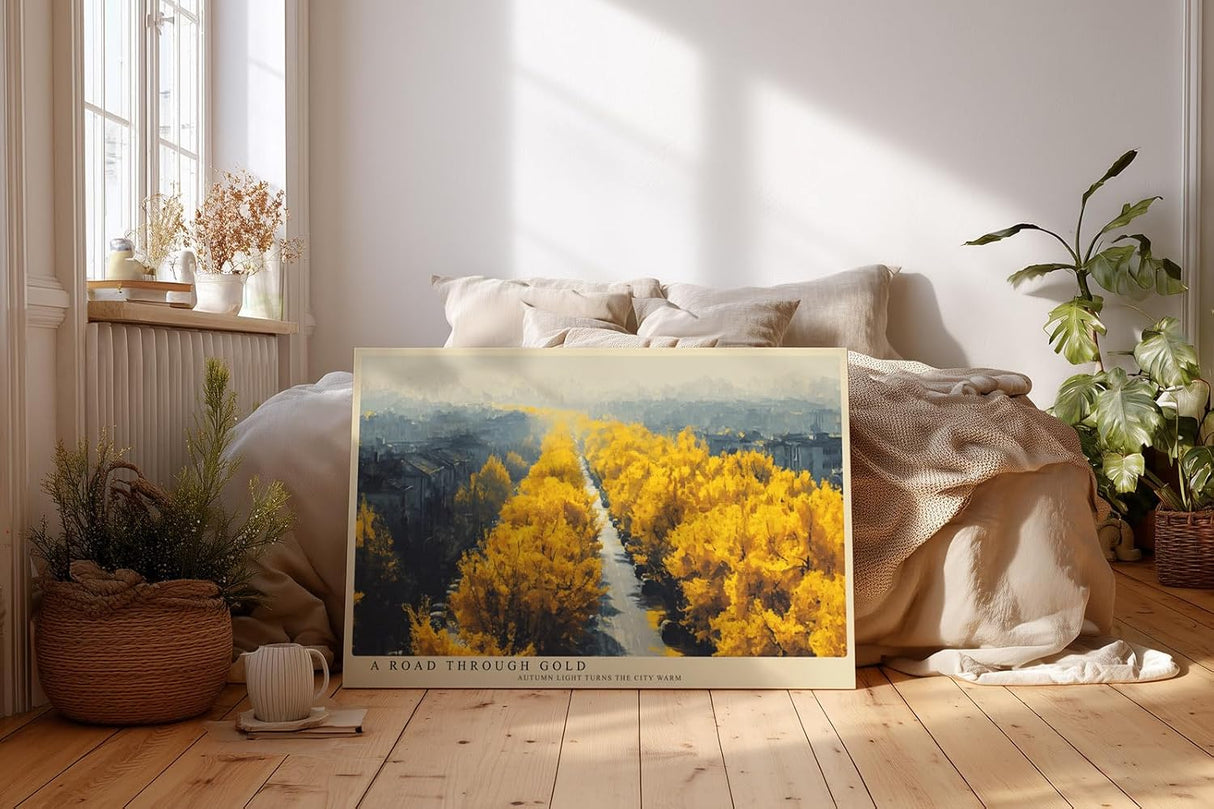 Paul Sinus Wandbild 120x80cm Herbstallee goldene Baeume Stadtlandschaft warme Herbstfarben modernes Landschaftsbild stilvolle Wanddekoration fuer Wohnzimmer Büro