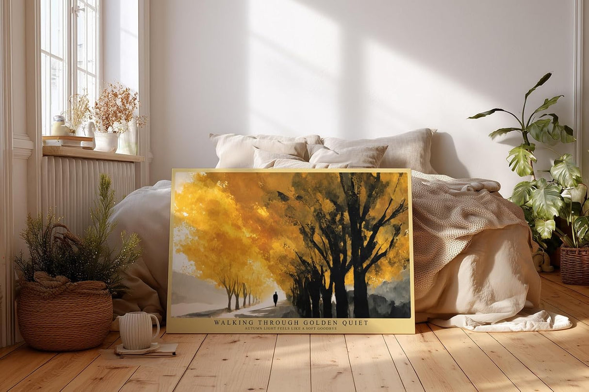 Paul Sinus Wandbild 120x80cm Herbstallee goldene Bäume Landschaft Kunst warmes Gelb Natur Gemälde moderne Wanddekoration für Wohnzimmer Flur