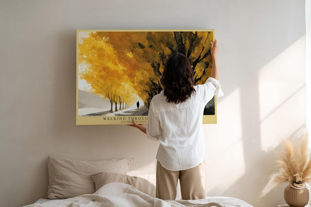 Paul Sinus Wandbild 120x80cm Herbstallee goldene Bäume Landschaft Kunst warmes Gelb Natur Gemälde moderne Wanddekoration für Wohnzimmer Flur