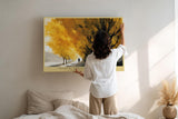 Paul Sinus Wandbild 120x80cm Herbstallee goldene Bäume Landschaft Kunst warmes Gelb Natur Gemälde moderne Wanddekoration für Wohnzimmer Flur