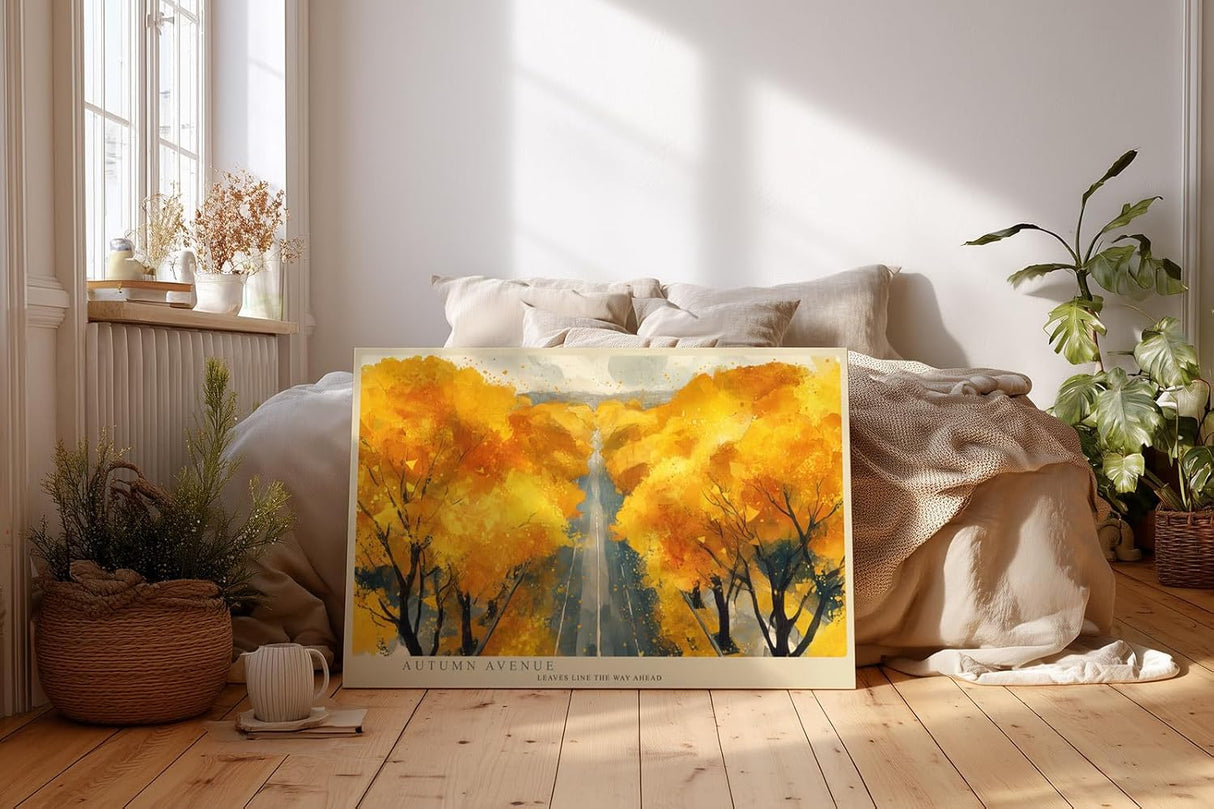 Paul Sinus Wandbild 120x80cm Herbstallee Landschaft Malerei goldene Baeume moderne Naturkunst Wanddekoration fuer Wohnzimmer Büro