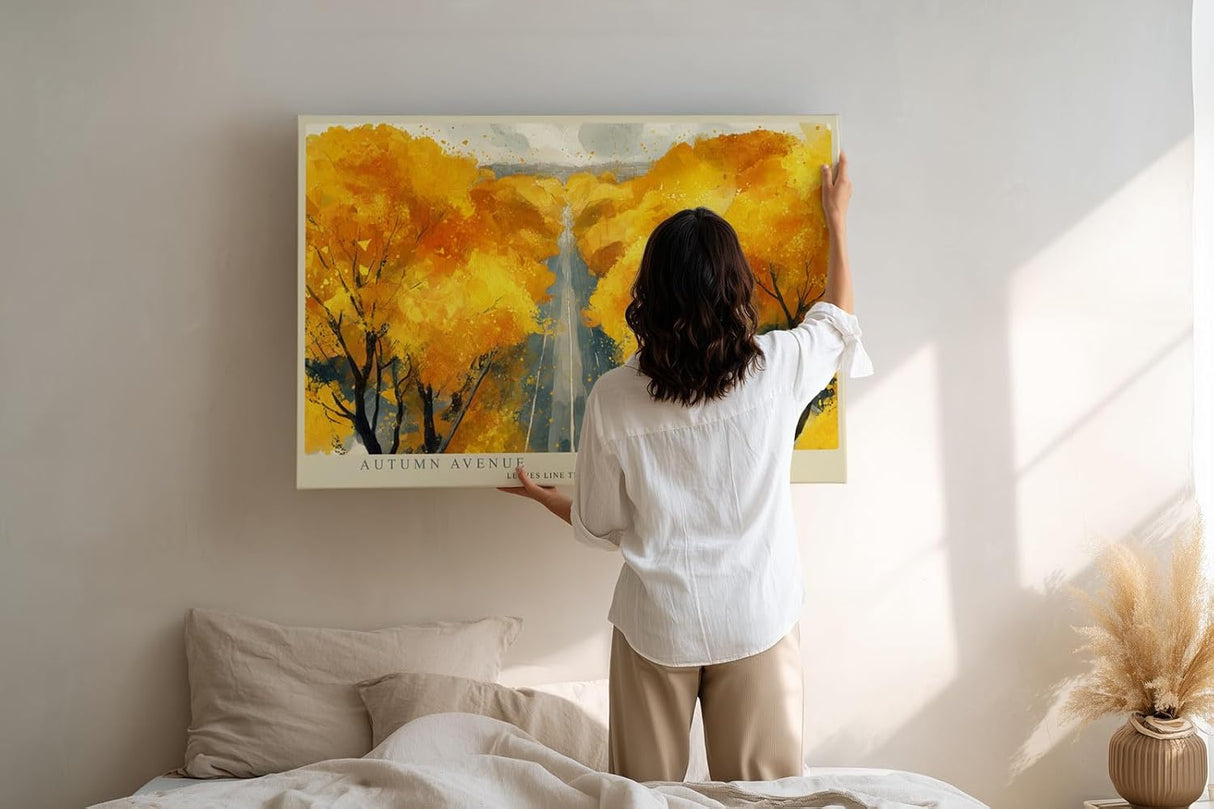 Paul Sinus Wandbild 120x80cm Herbstallee Landschaft Malerei goldene Baeume moderne Naturkunst Wanddekoration fuer Wohnzimmer Büro