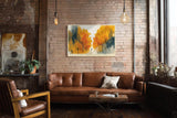 Paul Sinus Wandbild 120x80cm Herbstwald Illustration modern gold orange Landschaft Kunst Kunstdruck grosses Natur Kunstbild warme Wanddekoration fuer Wohnzimmer Büro
