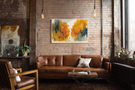 Paul Sinus Wandbild 120x80cm Herbstwald Illustration modern gold orange Landschaft Kunst Kunstdruck grosses Natur Kunstbild warme Wanddekoration fuer Wohnzimmer Büro