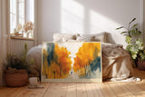 Paul Sinus Wandbild 120x80cm Herbstwald Illustration modern gold orange Landschaft Kunst Kunstdruck grosses Natur Kunstbild warme Wanddekoration fuer Wohnzimmer Büro