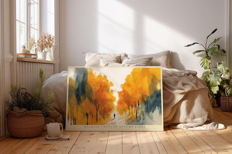 Paul Sinus Wandbild 120x80cm Herbstwald Illustration modern gold orange Landschaft Kunst Kunstdruck grosses Natur Kunstbild warme Wanddekoration fuer Wohnzimmer Büro