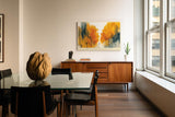 Paul Sinus Wandbild 120x80cm Herbstwald Illustration modern gold orange Landschaft Kunst Kunstdruck grosses Natur Kunstbild warme Wanddekoration fuer Wohnzimmer Büro