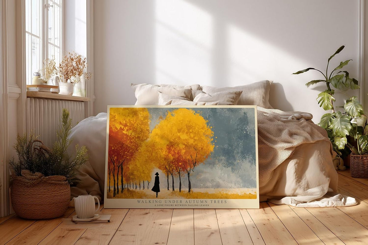 Paul Sinus Wandbild 120x80cm Herbstwald Spaziergang modern gelb orange Landschaft Kunst Kunstdruck grosses Natur Kunstbild warme Wanddekoration fuer Wohnzimmer Flur Büro
