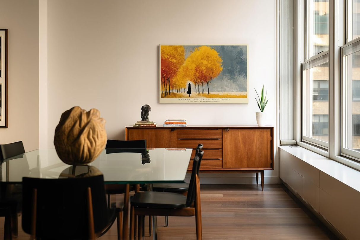 Paul Sinus Wandbild 120x80cm Herbstwald Spaziergang modern gelb orange Landschaft Kunst Kunstdruck grosses Natur Kunstbild warme Wanddekoration fuer Wohnzimmer Flur Büro