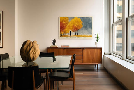 Paul Sinus Wandbild 120x80cm Herbstwald Spaziergang modern gelb orange Landschaft Kunst Kunstdruck grosses Natur Kunstbild warme Wanddekoration fuer Wohnzimmer Flur Büro
