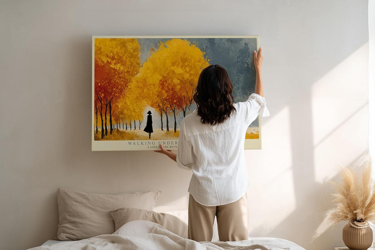 Paul Sinus Wandbild 120x80cm Herbstwald Spaziergang modern gelb orange Landschaft Kunst Kunstdruck grosses Natur Kunstbild warme Wanddekoration fuer Wohnzimmer Flur Büro