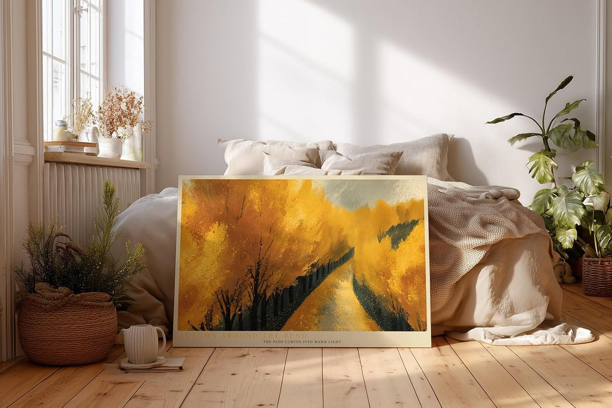 Paul Sinus Wandbild 120x80cm Herbstweg Landschaft Malerei goldene Baeume warme Naturfarben moderne Wanddekoration fuer Wohnzimmer Büro