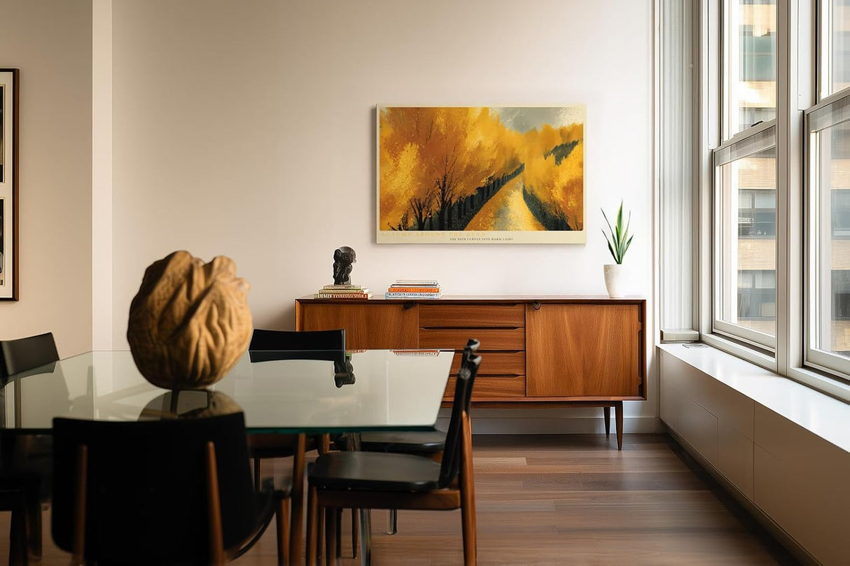 Paul Sinus Wandbild 120x80cm Herbstweg Landschaft Malerei goldene Baeume warme Naturfarben moderne Wanddekoration fuer Wohnzimmer Büro