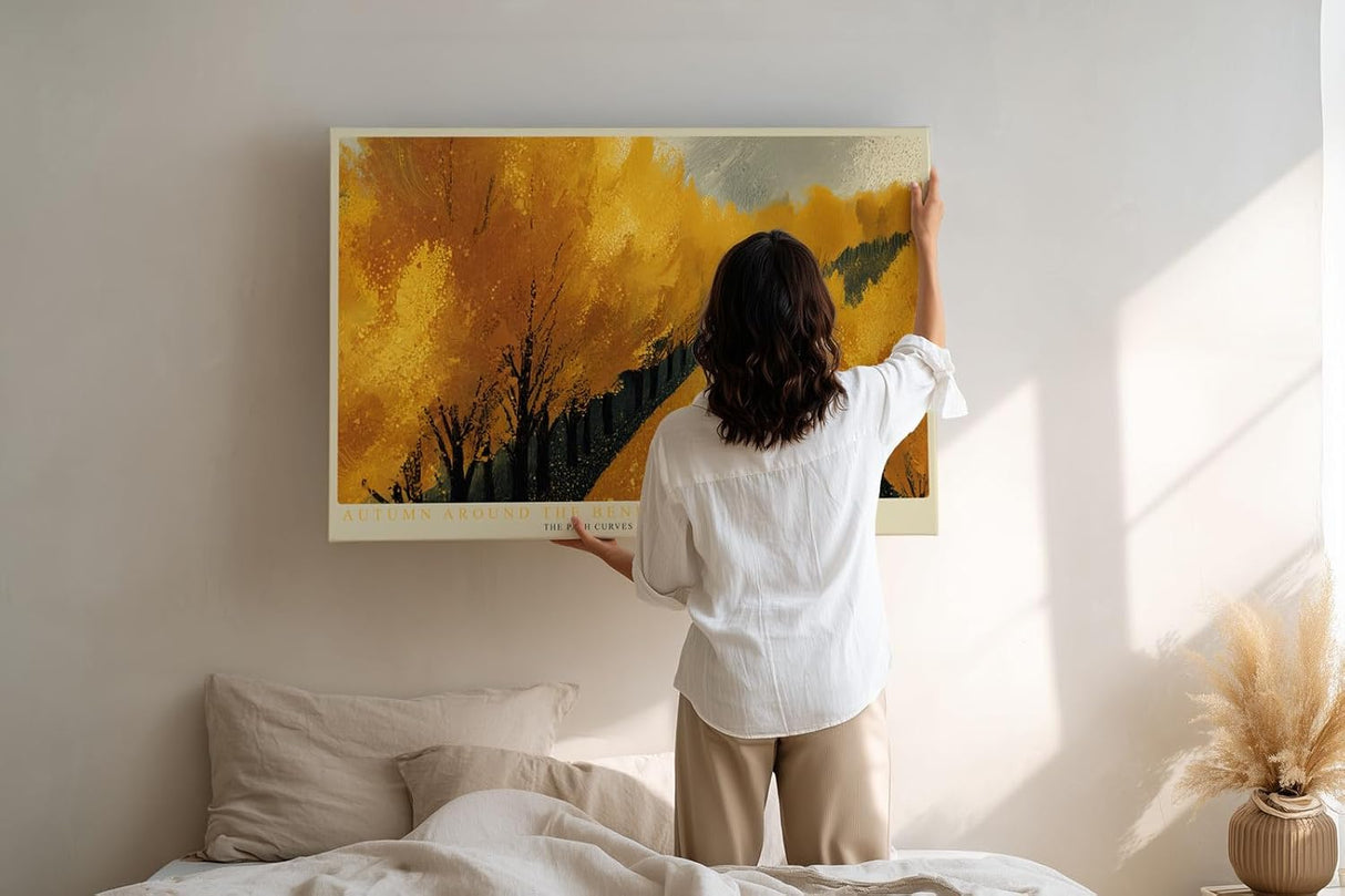 Paul Sinus Wandbild 120x80cm Herbstweg Landschaft Malerei goldene Baeume warme Naturfarben moderne Wanddekoration fuer Wohnzimmer Büro