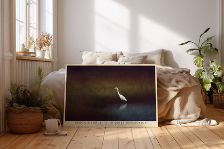 Paul Sinus Wandbild Heron Silhouette in Quiet Reflection A Single Bird Waits in Silent Calm