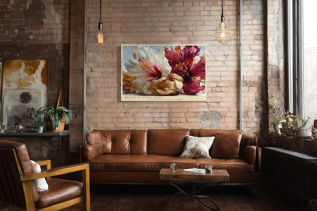 Paul Sinus Wandbild 120x80cm Hibiskus Blumen Stillleben Fotokunst rot creme natur Kunstdruck elegantes Blumenmotiv moderne Wanddekoration für Wohnzimmer