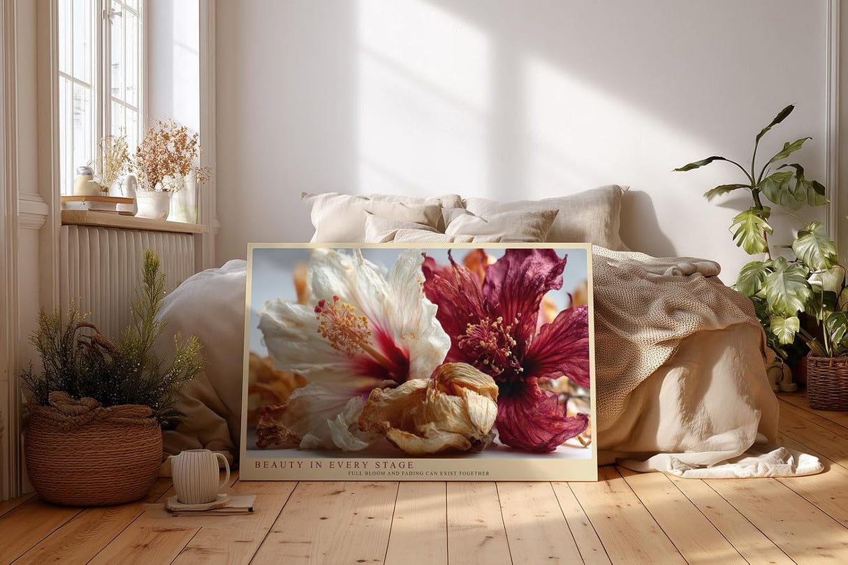 Paul Sinus Wandbild 120x80cm Hibiskus Blumen Stillleben Fotokunst rot creme natur Kunstdruck elegantes Blumenmotiv moderne Wanddekoration für Wohnzimmer