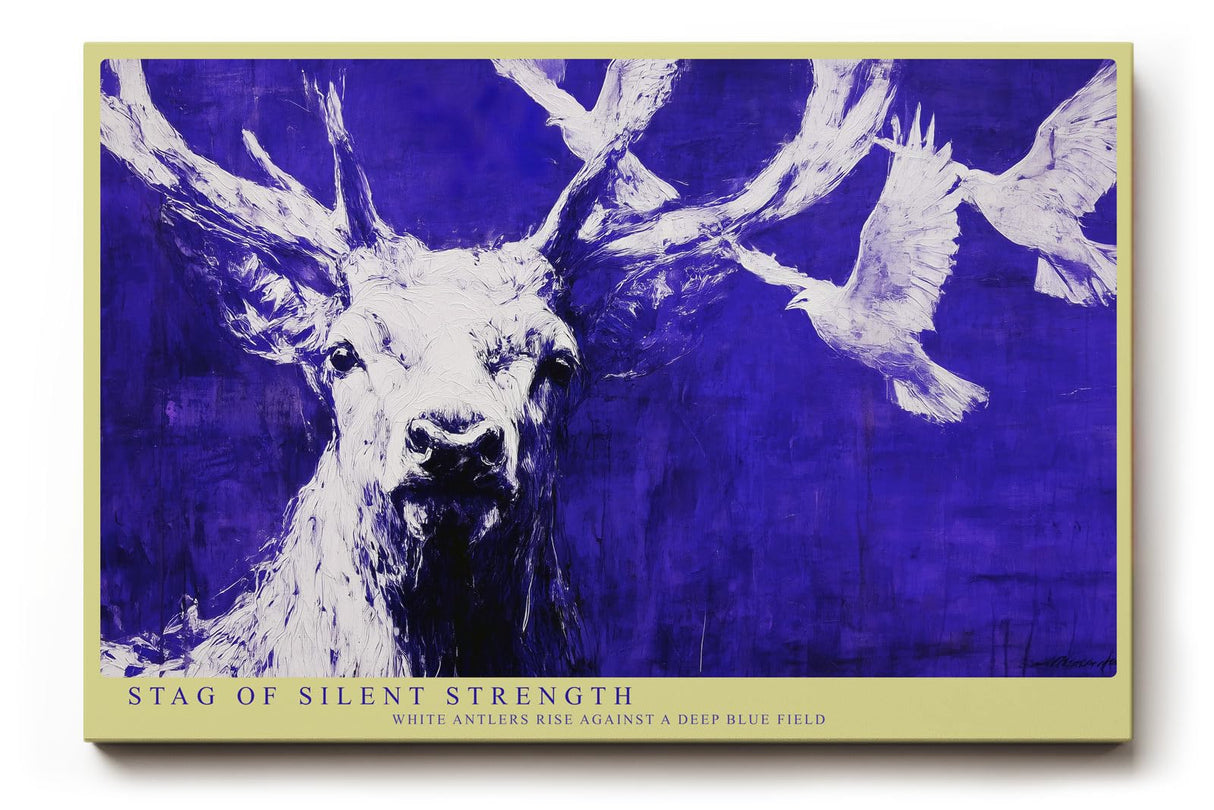 Paul Sinus Wandbild 120x80cm Hirsch Blau Weiss Tier Kunst Moderne Illustration Kraftvolles Naturmotiv mit Hirsch und fliegenden Voegeln