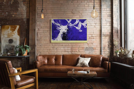 Paul Sinus Wandbild 120x80cm Hirsch Blau Weiss Tier Kunst Moderne Illustration Kraftvolles Naturmotiv mit Hirsch und fliegenden Voegeln