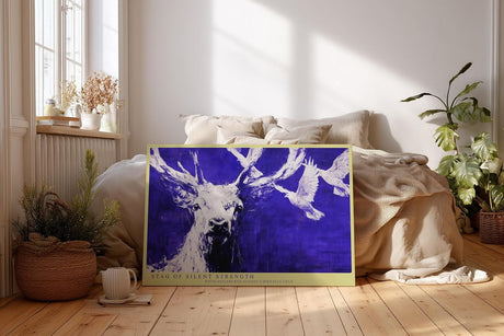 Paul Sinus Wandbild 120x80cm Hirsch Blau Weiss Tier Kunst Moderne Illustration Kraftvolles Naturmotiv mit Hirsch und fliegenden Voegeln