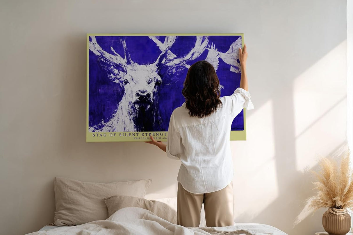 Paul Sinus Wandbild 120x80cm Hirsch Blau Weiss Tier Kunst Moderne Illustration Kraftvolles Naturmotiv mit Hirsch und fliegenden Voegeln