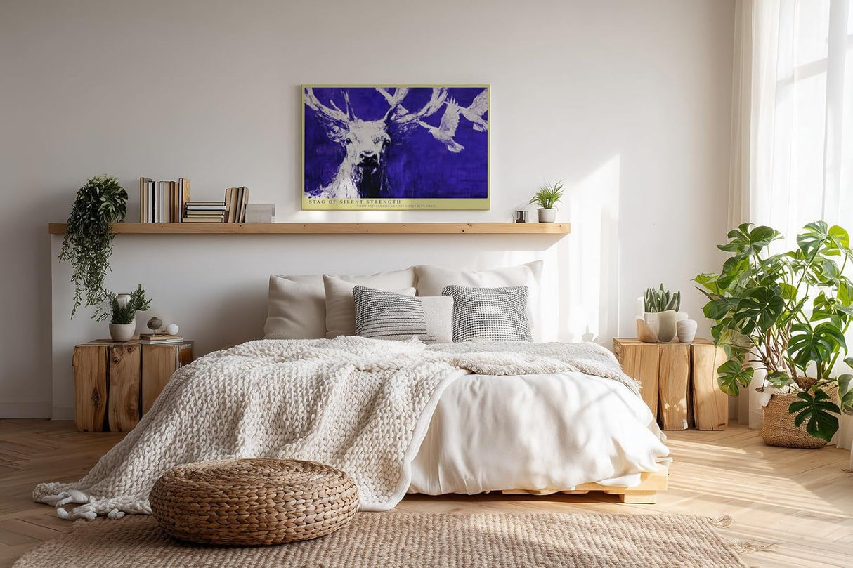 Paul Sinus Wandbild 120x80cm Hirsch Blau Weiss Tier Kunst Moderne Illustration Kraftvolles Naturmotiv mit Hirsch und fliegenden Voegeln