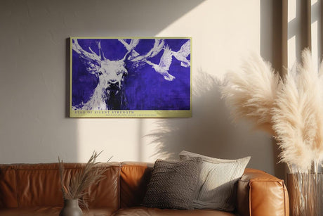 Paul Sinus Wandbild 120x80cm Hirsch Blau Weiss Tier Kunst Moderne Illustration Kraftvolles Naturmotiv mit Hirsch und fliegenden Voegeln