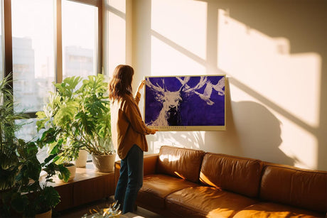 Paul Sinus Wandbild 120x80cm Hirsch Blau Weiss Tier Kunst Moderne Illustration Kraftvolles Naturmotiv mit Hirsch und fliegenden Voegeln