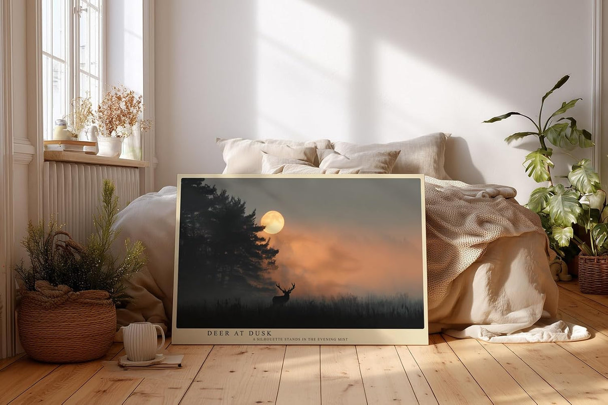 Paul Sinus Wandbild 120x80cm Hirsch Silhouette Mond Landschaft mystische Naturfotografie Abendstimmung stilvolle Wanddekoration fuer Wohnzimmer Büro