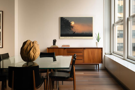 Paul Sinus Wandbild 120x80cm Hirsch Silhouette Mond Landschaft mystische Naturfotografie Abendstimmung stilvolle Wanddekoration fuer Wohnzimmer Büro