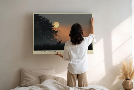 Paul Sinus Wandbild 120x80cm Hirsch Silhouette Mond Landschaft mystische Naturfotografie Abendstimmung stilvolle Wanddekoration fuer Wohnzimmer Büro