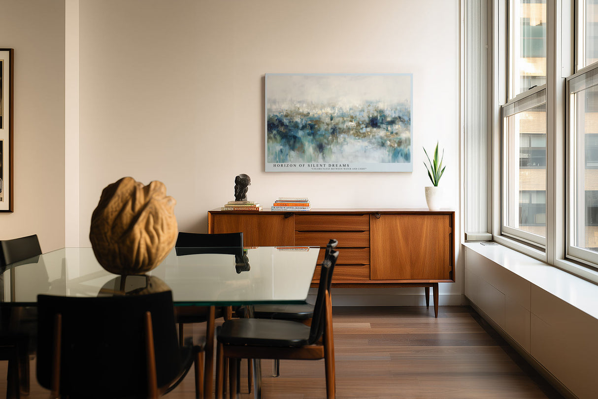 Paul Sinus Wandbild Horizon of Silent Dreams – Abstrakte Landschaft in Blau- und Beigetönen, Symbol für Ruhe, Tiefe und Leichtigkeit