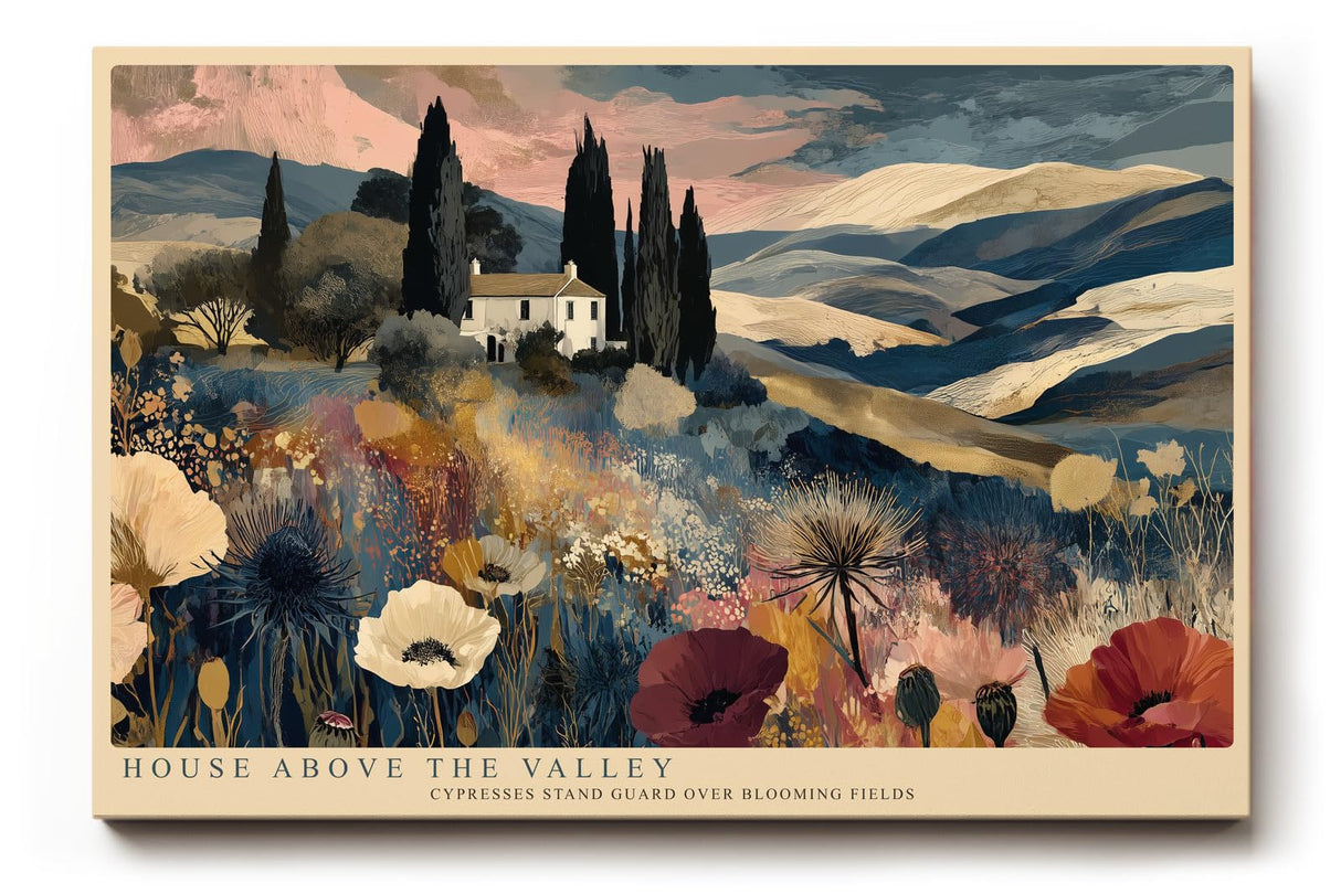 Paul Sinus Wandbild 120x80cm House Above the Valley mediterrane Landschaft mit Zypressen und Blumen moderne Natur Kunst Poster für Wohnzimmer Schlafzimmer