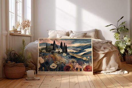 Paul Sinus Wandbild 120x80cm House Above the Valley mediterrane Landschaft mit Zypressen und Blumen moderne Natur Kunst Poster für Wohnzimmer Schlafzimmer