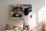 Paul Sinus Wandbild 120x80cm House Above the Valley mediterrane Landschaft mit Zypressen und Blumen moderne Natur Kunst Poster für Wohnzimmer Schlafzimmer